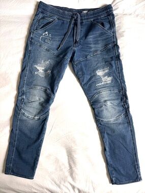 G-Star 3D Sports Tapered Distressed Drawstring Blue Jeans 32/32